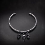 Gothic skull cuff bracelet in 925 sterling silver with skull and raven skull charms