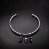 Gothic skull cuff bracelet in 925 sterling silver with skull and raven skull charms
