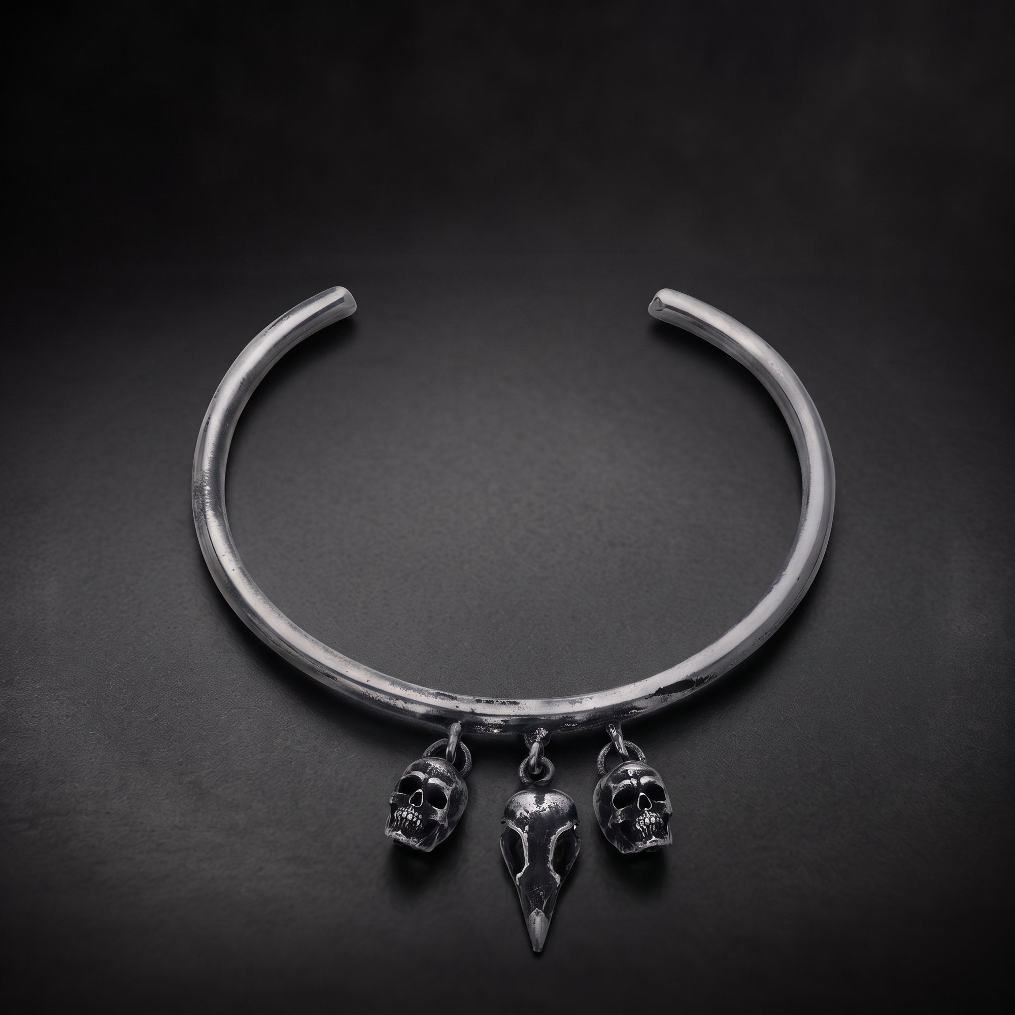 Gothic skull cuff bracelet in 925 sterling silver with skull and raven skull charms