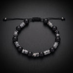 Men's grey map jasper and matte black onyx natural stone bracelet on an adjustable cord