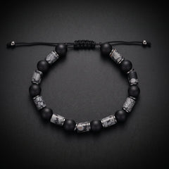 Men's grey map jasper and matte black onyx natural stone bracelet on an adjustable cord