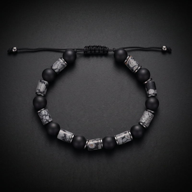 Men's grey map jasper and matte black onyx natural stone bracelet on an adjustable cord