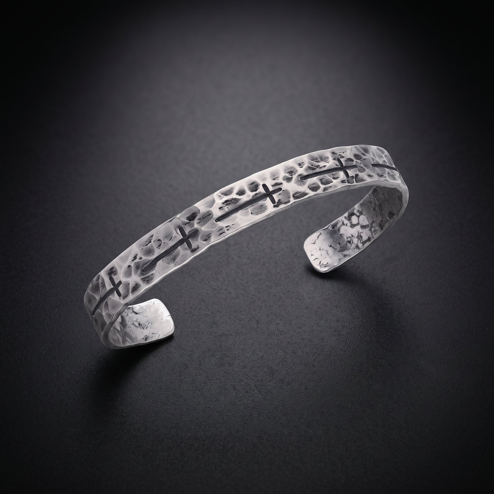 Men's hammered cross cuff bracelet in oxidized sterling silver