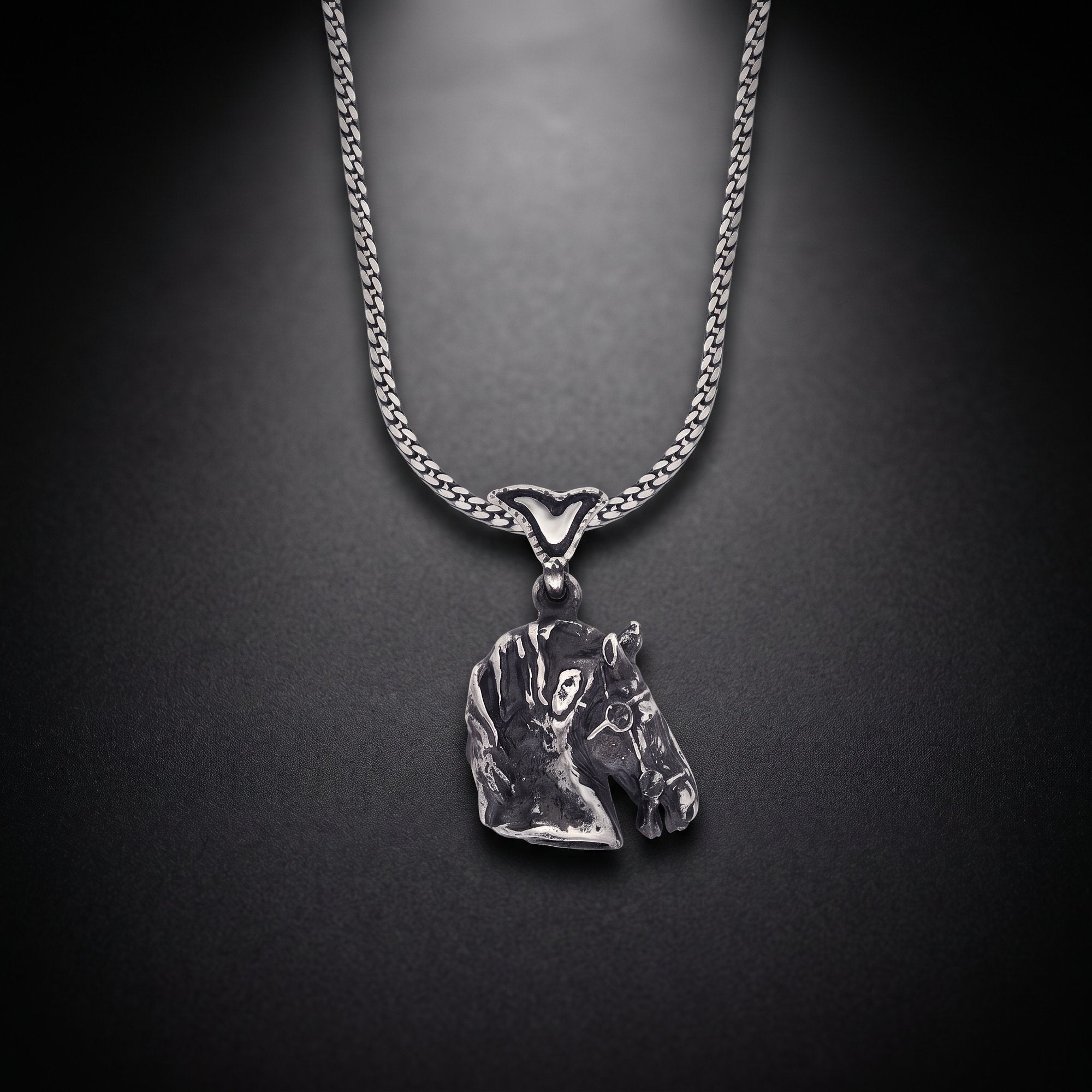 Men's horse head pendant necklace in oxidized 925 sterling silver