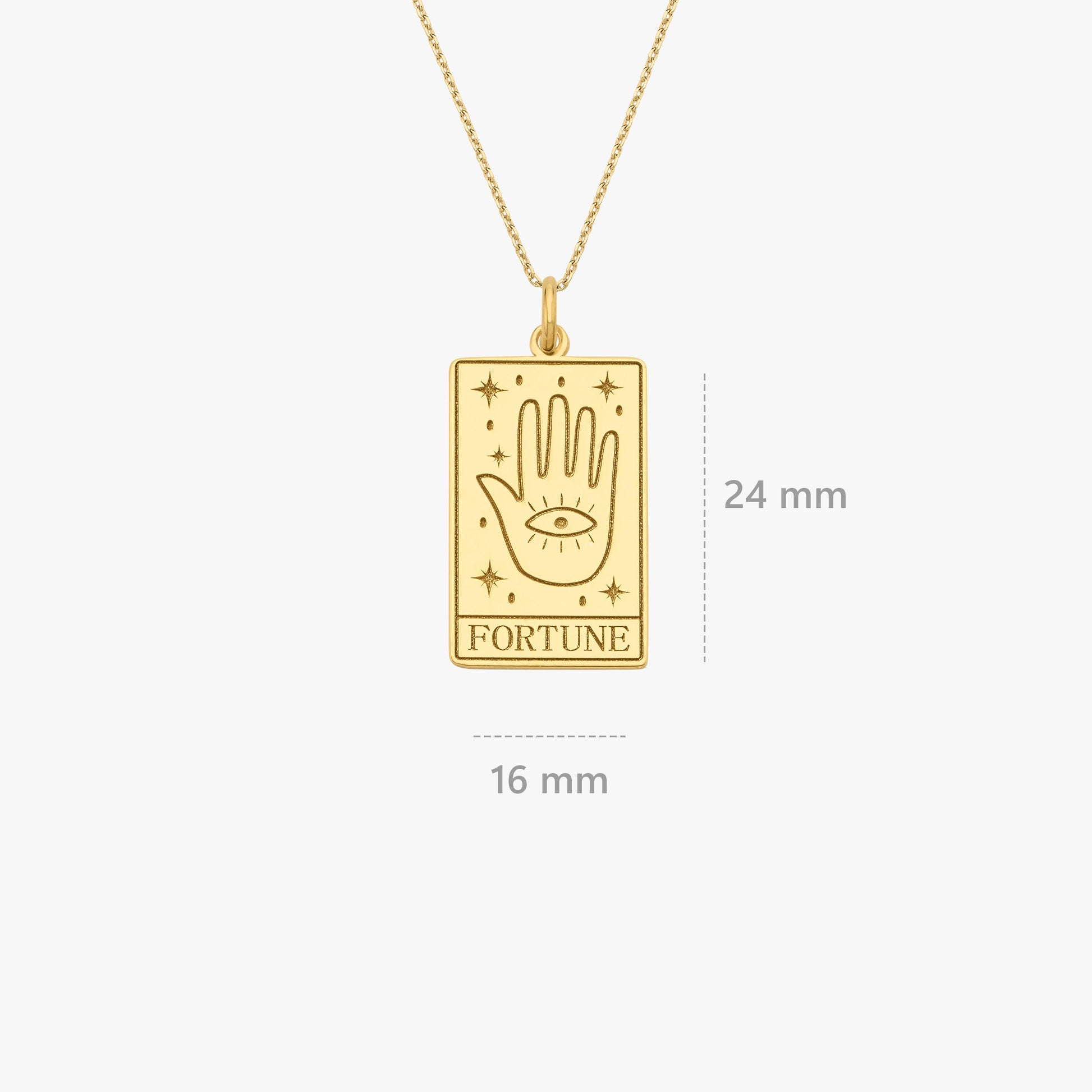 14K Gold Vermeil Tarot Card Necklace presented against a white backdrop, with dimensions of 24mm by 16mm indicated beside it.