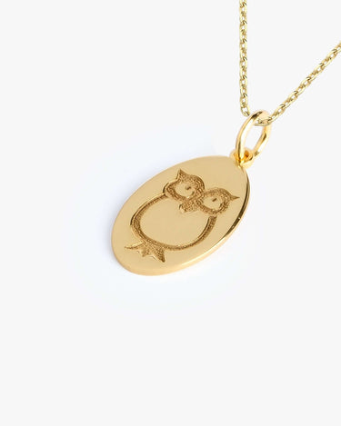 Detailed image of a 14K gold vermeil owl necklace showing the owl design engraved on an oval pendant.