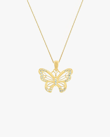 A sparkling 18K gold vermeil butterfly pendant on a fine gold chain, isolated on a white background.