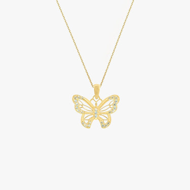 A sparkling 18K gold vermeil butterfly pendant on a fine gold chain, isolated on a white background.