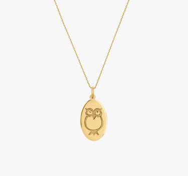 Owl Pendant Necklace | 14K Gold Vermeil - Mionza Jewelry-14k gold owl pendant, animal necklace, Birthday Gift, charm necklaces, gold owl charm, gold owl necklace, jewelry owl, jewelry with owls, oval owl necklace, owl charm necklace, owl jewellery, owl necklace gold, owl pendant