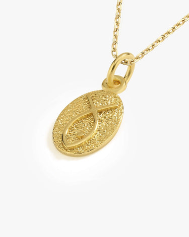 Detailed view of a 14K gold vermeil Christian fish necklace, showcasing an oval pendant with a textured finish and the ichthys symbol.