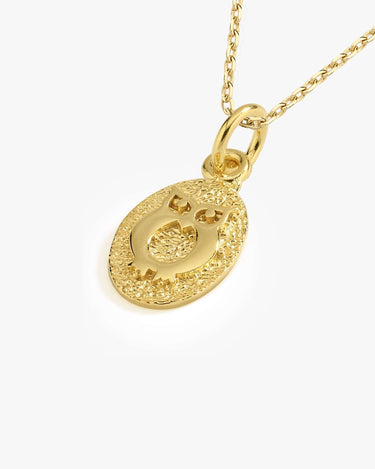 Close-up of a 14K gold vermeil owl pendant with detailed texture and cut-out eyes on a gold chain.