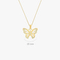 Gold butterfly necklace shown with a measurement line indicating a 20 mm size, highlighting intricate details on a plain background.