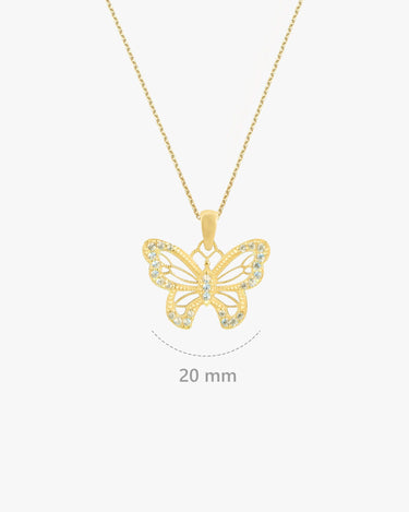 Gold butterfly necklace shown with a measurement line indicating a 20 mm size, highlighting intricate details on a plain background.