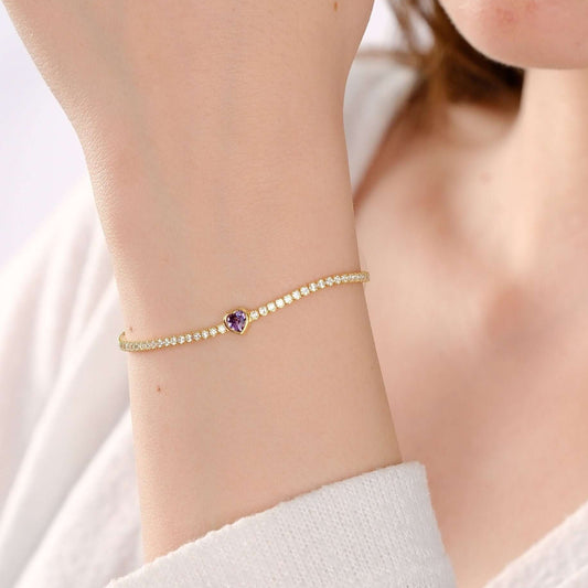 18K Yellow Gold Vermeil Heart Tennis Bracelet, Amethyst Bracelet, 2mm Tennis Bracelet with Heart, Love Bracelet, Birthday Gift for Her