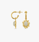 Product shot of a pair of 14K gold vermeil moonstone earrings, detailing the dimensions with measurements displayed next to the earrings which have a sunburst design around the moonstone.