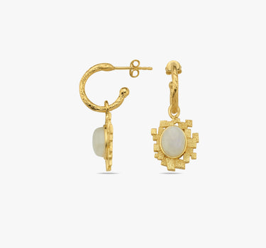 Product shot of a pair of 14K gold vermeil moonstone earrings, detailing the dimensions with measurements displayed next to the earrings which have a sunburst design around the moonstone.