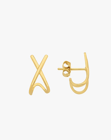 A pair of 14K gold vermeil X-shaped earrings isolated on a white background, showing front and back design.