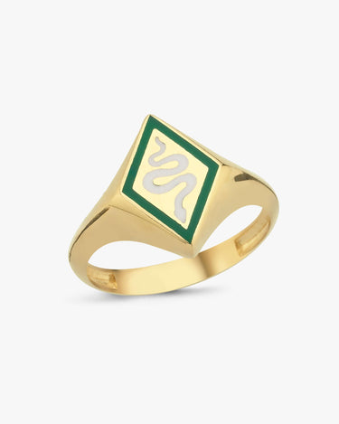 A gold snake signet ring with a green and white enamel snake design on a plain white background.