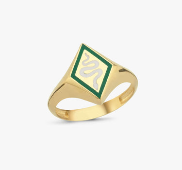 A gold snake signet ring with a green and white enamel snake design on a plain white background.