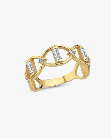 The Mionza Chain Ring | 14K Solid Gold showcases a unique design with three elongated rectangular gems and small round gemstones in between, creating an elegant and modern look, all set against a plain white background.