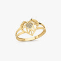 A gold ring featuring a geometric heart shape with small diamonds in the center, set against a plain white background.