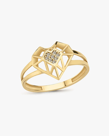 A gold ring featuring a geometric heart shape with small diamonds in the center, set against a plain white background.