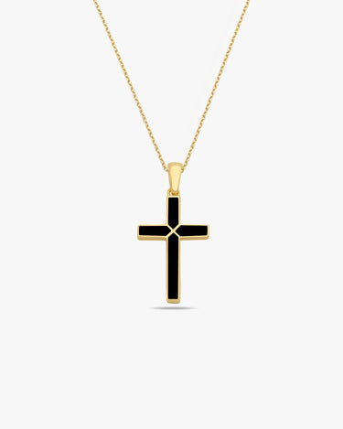 Product shot of a 14K gold vermeil black cross necklace against a white background.