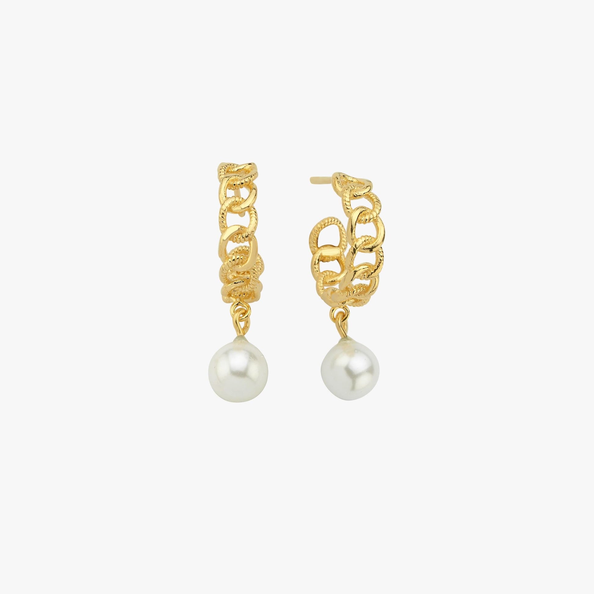 Pair of gold hoop earrings with pearl drops against a plain white background.