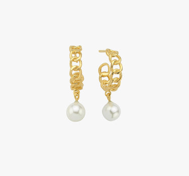 Pair of gold hoop earrings with pearl drops against a plain white background.