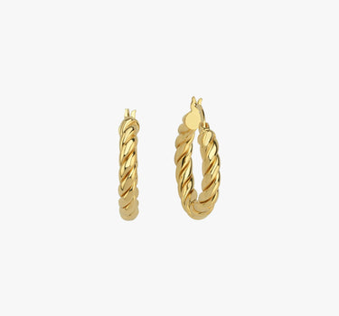 A close-up of a single medium-sized twisted hoop earring in 18K gold vermeil on a white background.