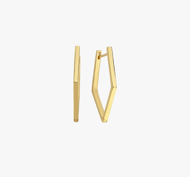 Pair of geometric gold earrings from Mionza Fine Jewelry, shown upright against a plain white background, emphasizing their angular, elongated diamond shape.