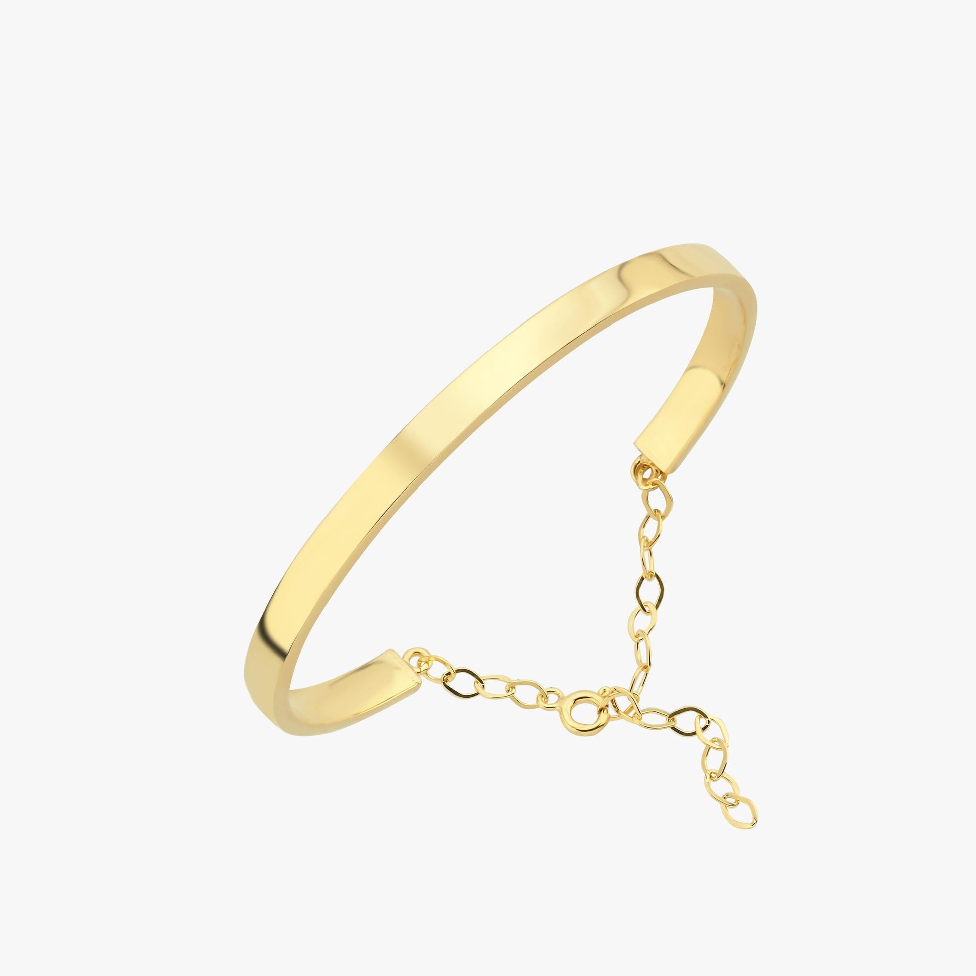 An 18K gold vermeil cuff bracelet with a small chain extender displayed on a white background.