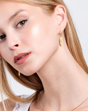 Two 18k gold vermeil snake dangle earrings lying flat, showing the detailed snake pattern on the rectangular charms.