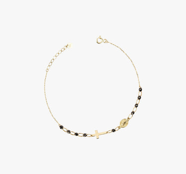 Product image of a 14K solid gold onyx rosary bracelet laid out on a white background. The bracelet features a gold cross and medallion charm, with small black beads interspersed along the chain.