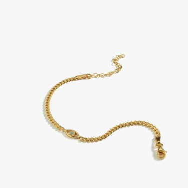 18K Gold Vermeil Evil Eye Curb Chain Bracelet displayed against a plain white background, showing the intricate chain and eye-shaped charm in full detail.