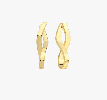 A pair of 18K gold vermeil spiral earrings shown side by side on a white surface. The earrings&#39; sleek, twisted design showcases their modern and minimalist appeal.