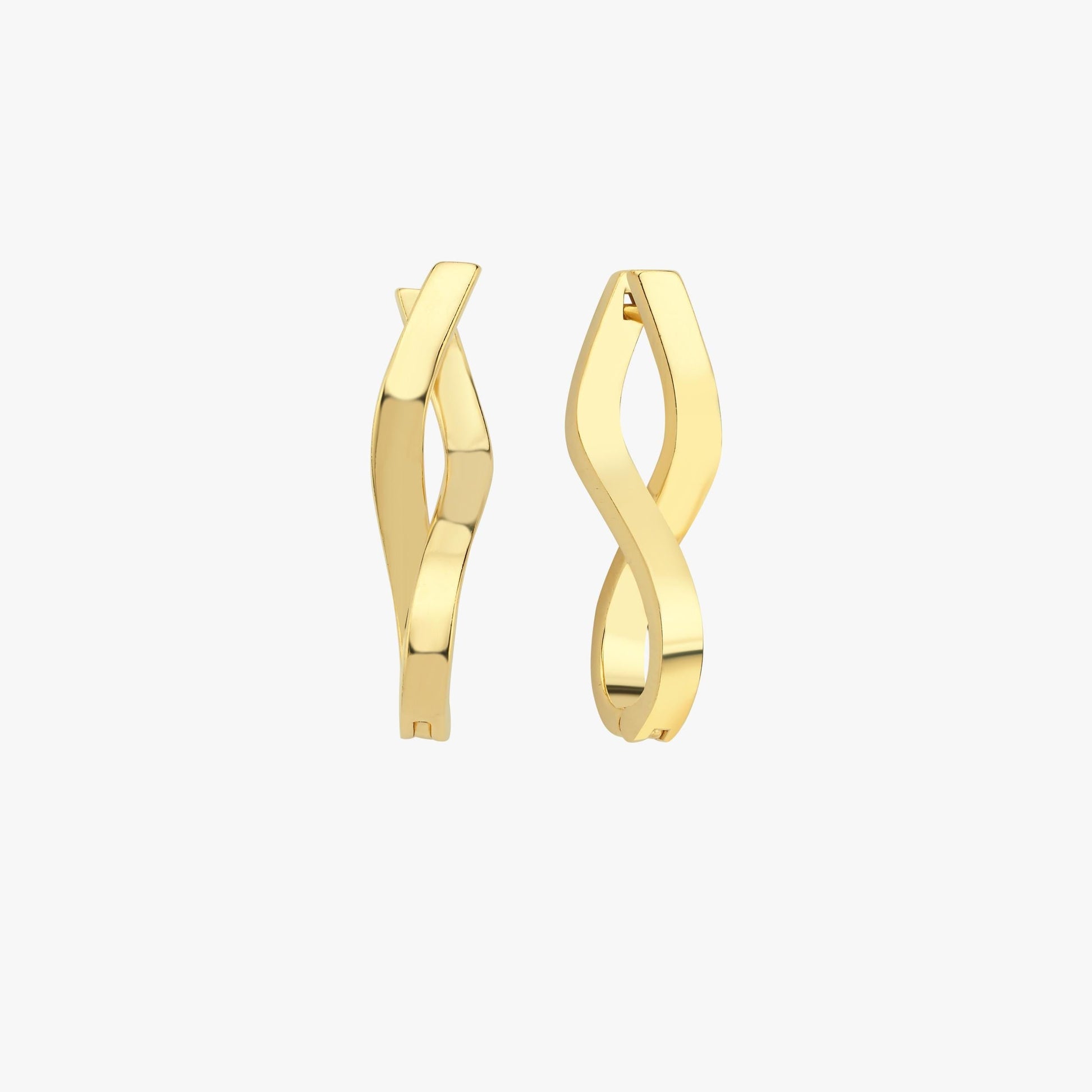 A pair of 18K gold vermeil spiral earrings shown side by side on a white surface. The earrings&#39; sleek, twisted design showcases their modern and minimalist appeal.