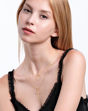 18K Gold Vermeil Layered Cross Necklace, Cross and Circle Necklace for Women Two Layered Necklace with Cross and Circle, Christmas Gift