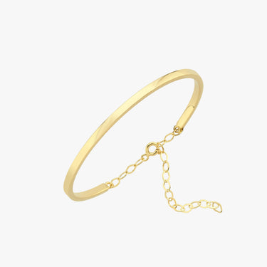 A thin gold vermeil bangle bracelet with a chain clasp, lying flat on a white background.