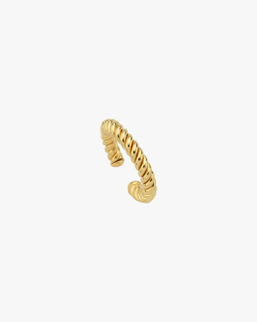 Isolated view of a small 18K gold vermeil twist ear cuff on a white background, showcasing its sleek, open-ended rope design.