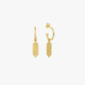 A pair of 18k gold vermeil dangle earrings with a rectangular charm featuring a snake design, set against a plain white background.