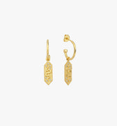 A pair of 18k gold vermeil dangle earrings with a rectangular charm featuring a snake design, set against a plain white background.