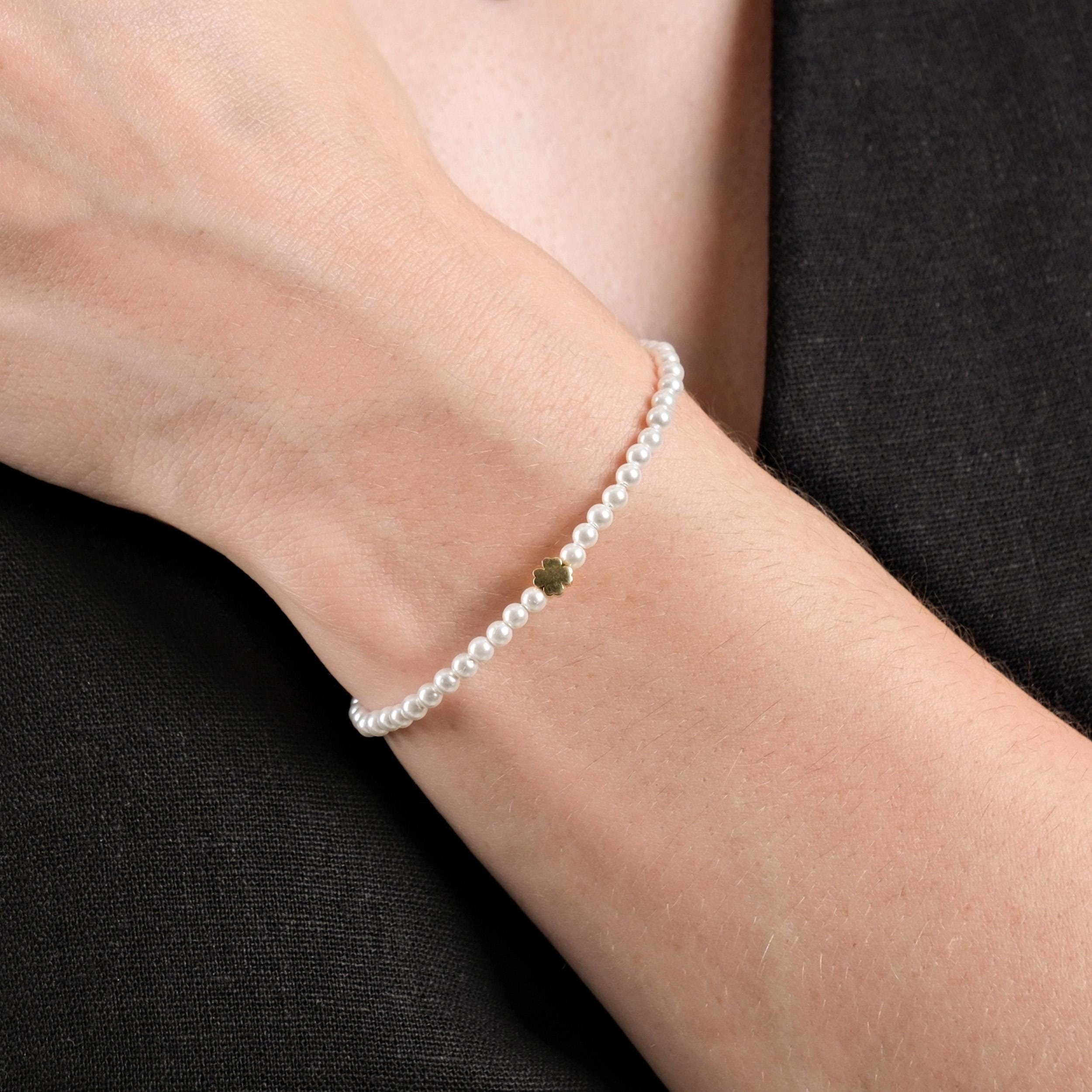 18K Gold Vermeil Clover Bracelet, Pearl Bracelet, Four Leaf Clover Bracelet, Lucky Bracelet, Birthday Gift for Best Friend, Gift for Her