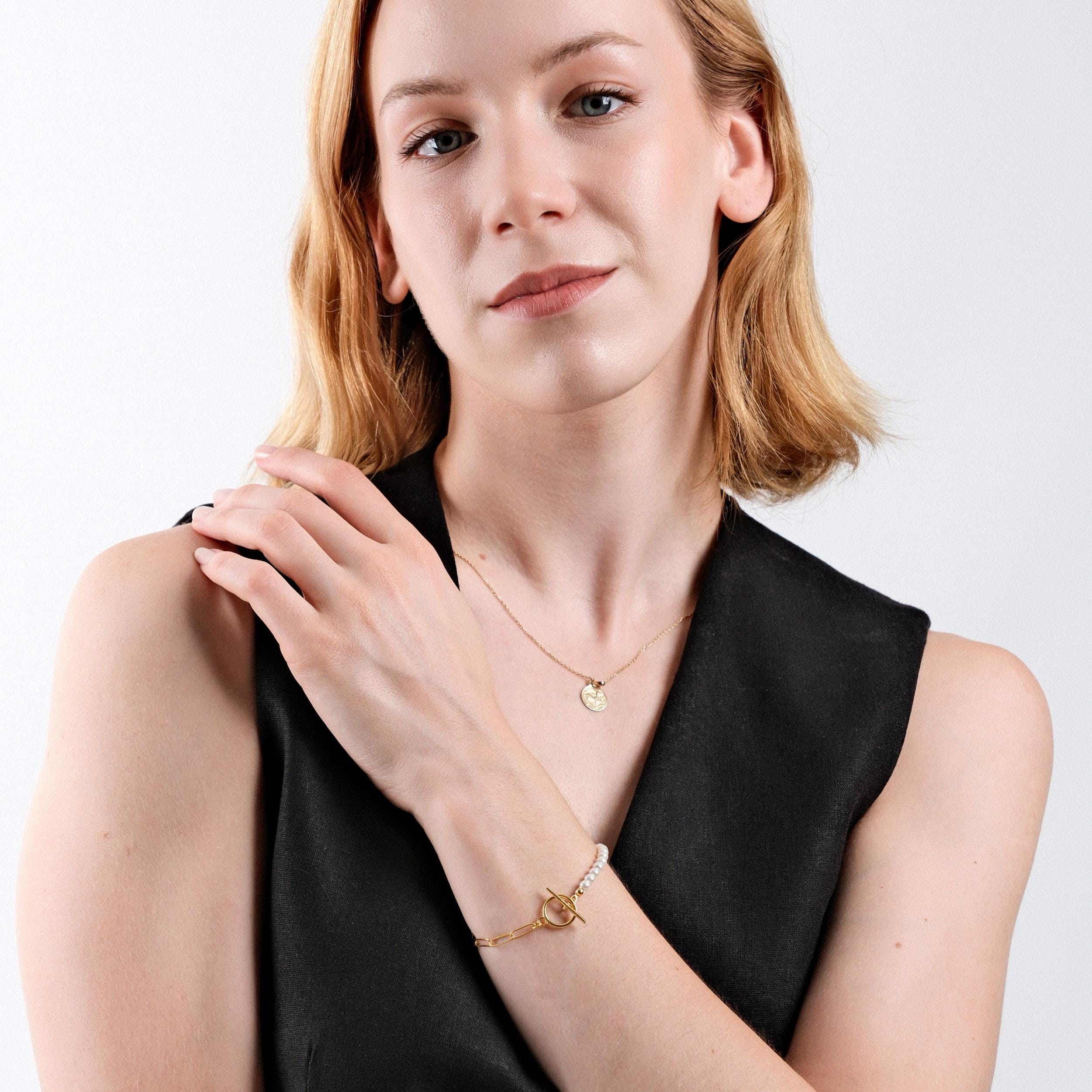 18K Gold Vermeil Paperclip Bracelet, Toggle Clasp Bracelet, Pearl Bracelet, Paperclip Chain with Pearl, Her Birthday Gift, Gift for Woman