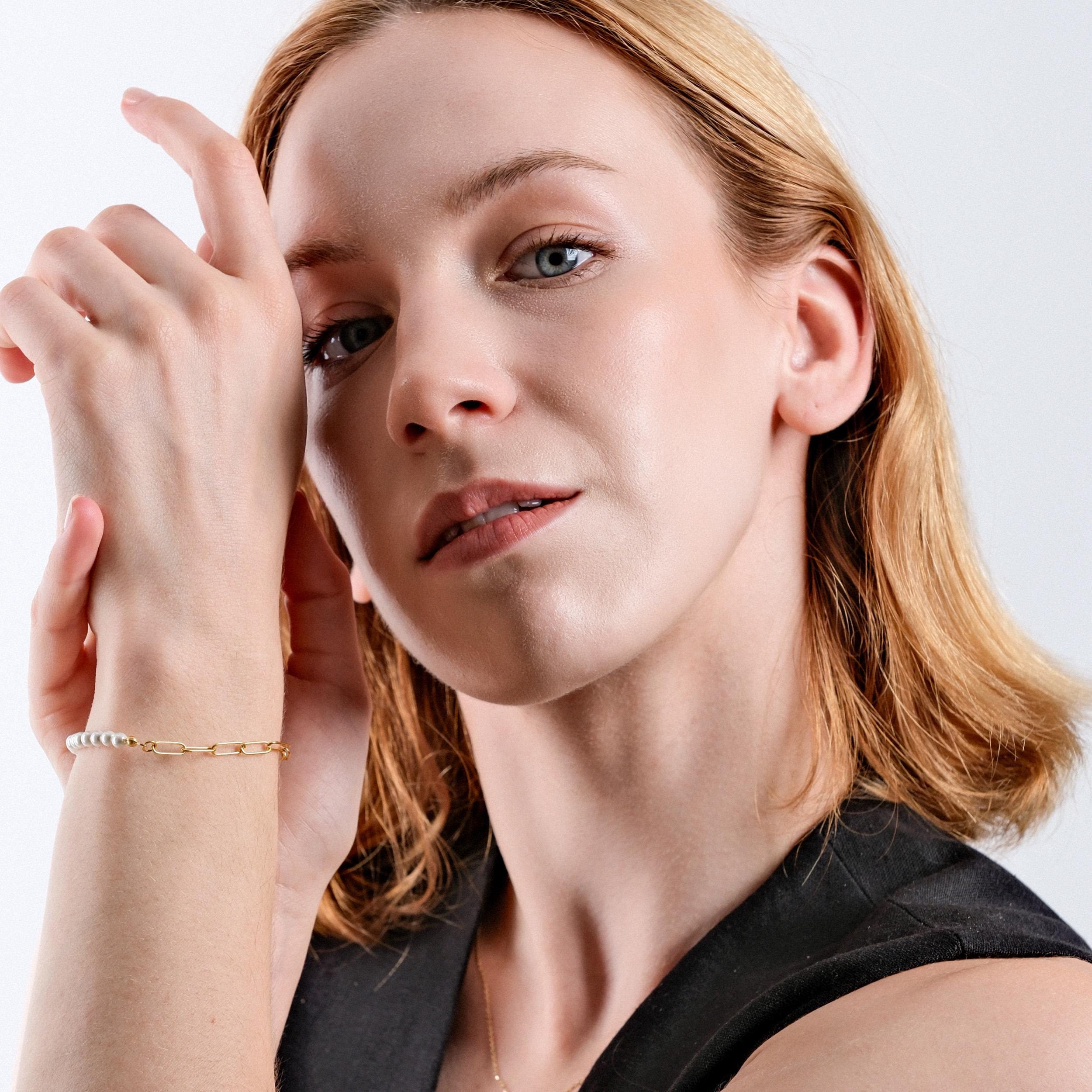 18K Gold Vermeil Paperclip Bracelet, Toggle Clasp Bracelet, Pearl Bracelet, Paperclip Chain with Pearl, Her Birthday Gift, Gift for Woman