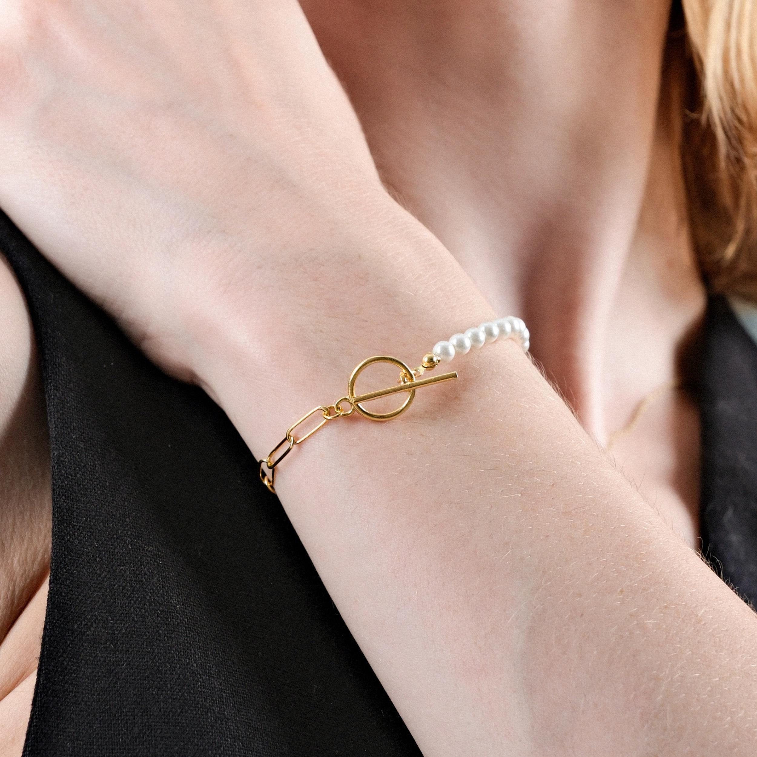 18K Gold Vermeil Paperclip Bracelet, Toggle Clasp Bracelet, Pearl Bracelet, Paperclip Chain with Pearl, Her Birthday Gift, Gift for Woman