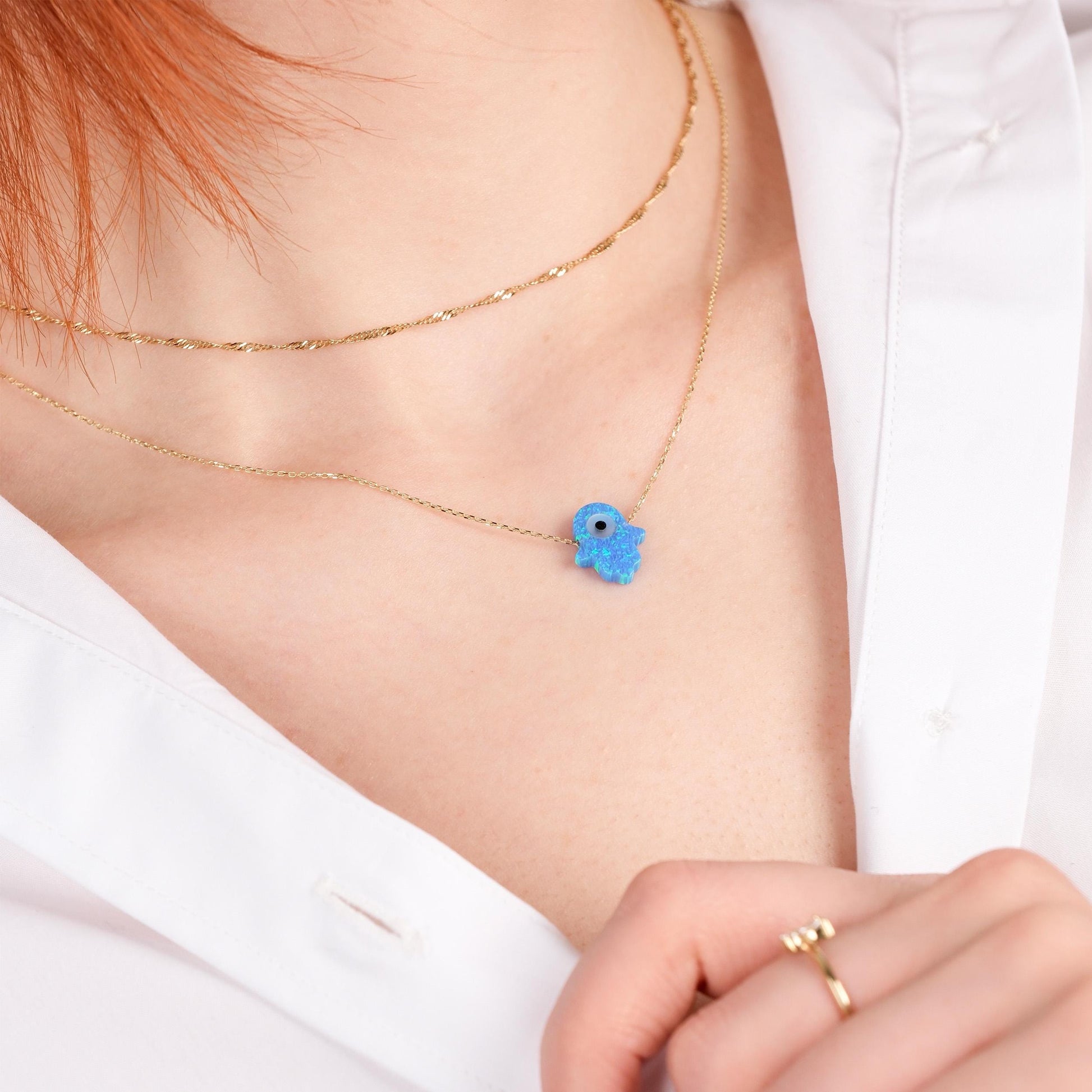 14K Solid Gold Hamsa Necklace, Protection Necklace,Opal Hamsa Hand, Blue Opal Necklace, Hamsa Evil Eye, Birthday Gift