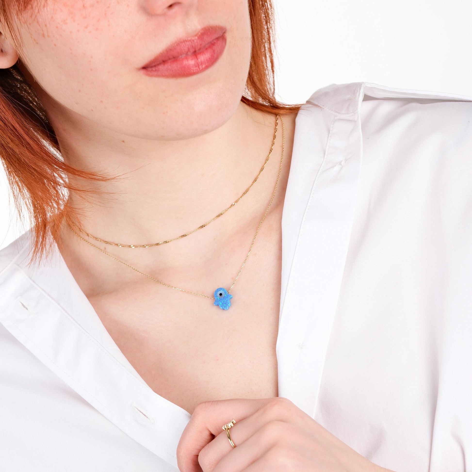 14K Solid Gold Hamsa Necklace, Protection Necklace,Opal Hamsa Hand, Blue Opal Necklace, Hamsa Evil Eye, Birthday Gift