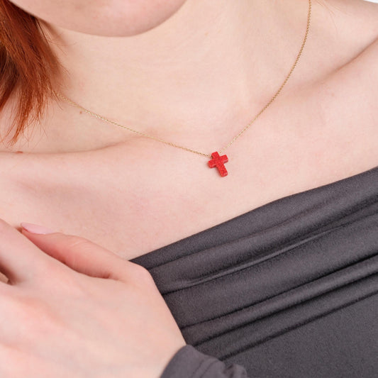 14K Solid Gold Red Opal Necklace, Cross Necklace Opal, Opal Cross Pendant, Red Cross Necklace​, Birthday Gift