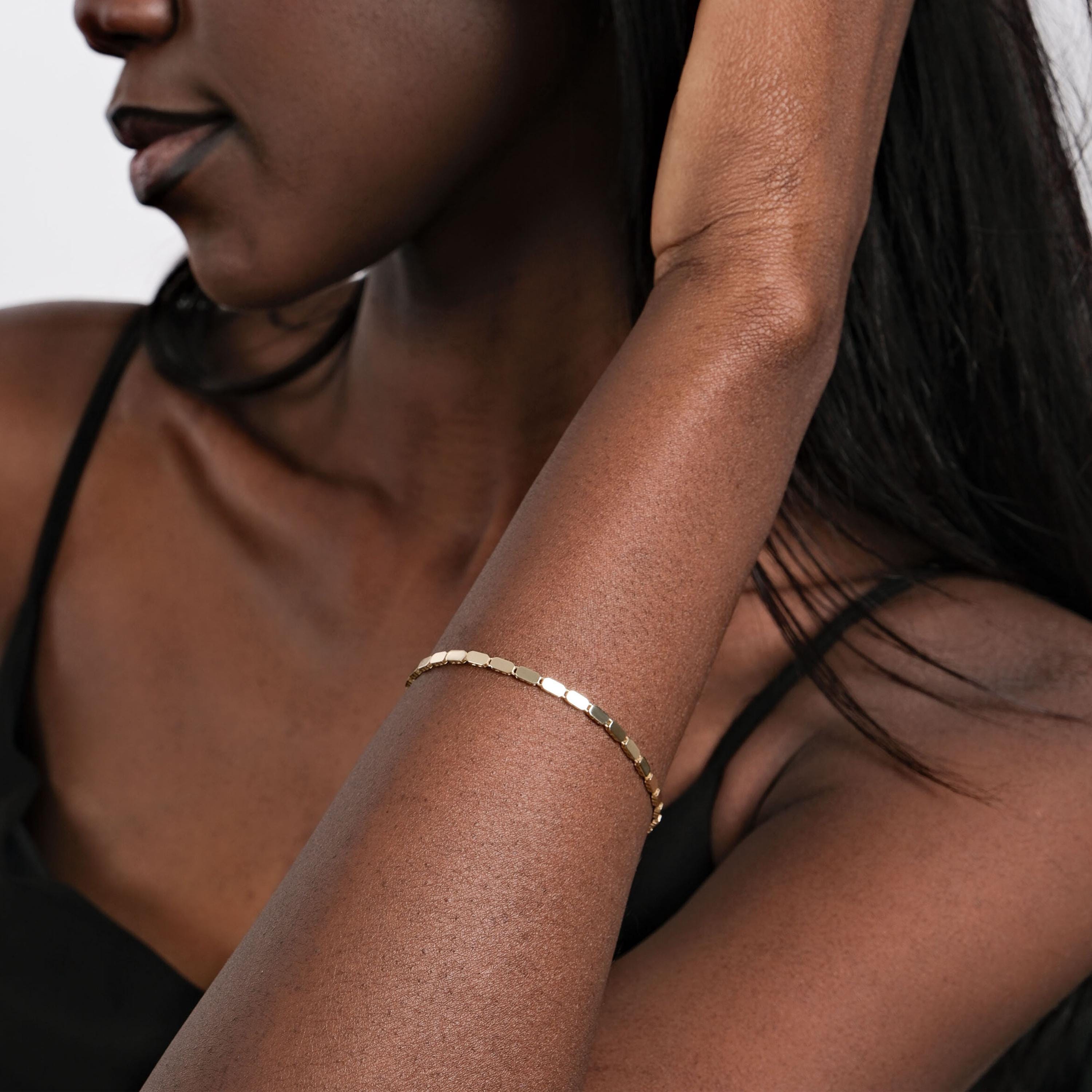 14K Solid Gold Mirror Chain Bracelet, Rectangle Link Bracelet, Chain Bracelet, Birthday Gift, Gift for Mother's Day